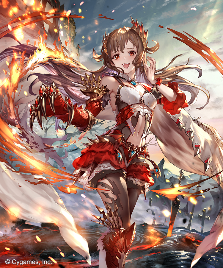 1girl 77gl :d bare_shoulders breasts brown_hair clothing_cutout dragon_claw female_focus fire frills long_hair looking_at_viewer medium_breasts navel navel_cutout open_mouth red_eyes shadowverse smile solo standing