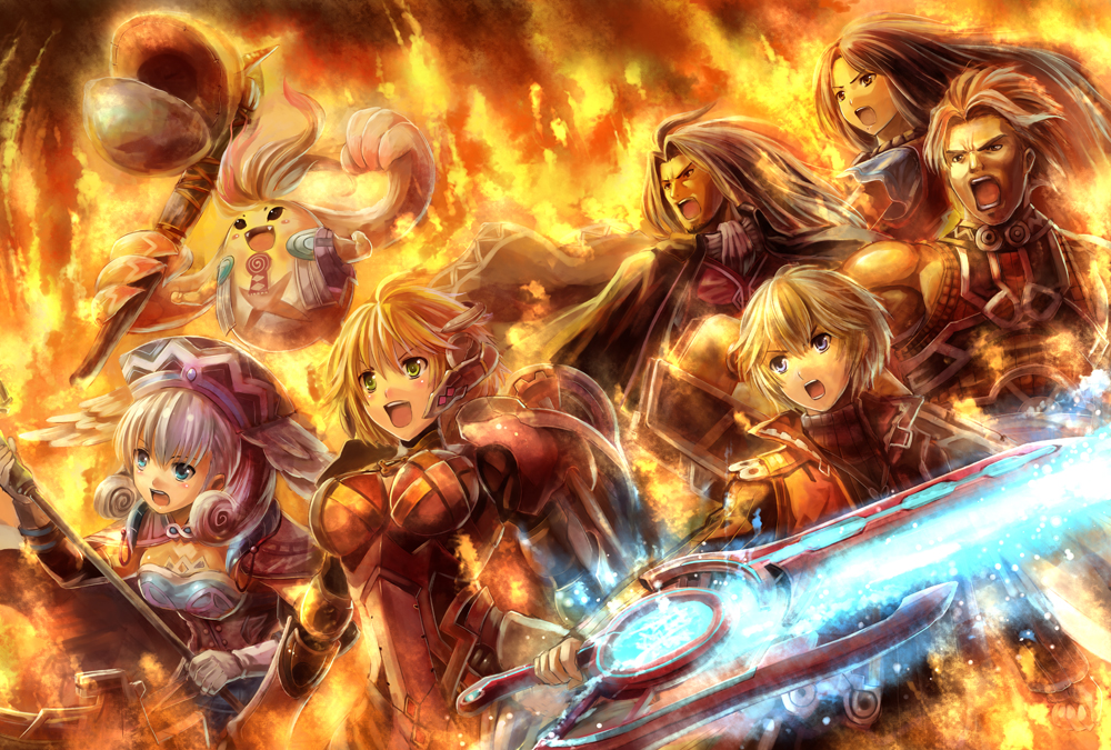 3boys 3girls curly_hair dunban_(xenoblade) edobox fiora_(xenoblade) fire gameplay_mechanics long_hair mecha-fiora melia_antiqua multiple_boys multiple_girls nintendo open_mouth reyn_(xenoblade) riki_(xenoblade) sharla_(xenoblade) short_hair shulk_(xenoblade) spoilers sword wand weapon xenoblade_chronicles_1 xenoblade_chronicles_(series)