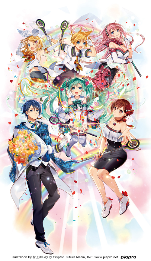 2boys 4girls aqua_eyes arms_up artist_name asymmetrical_gloves back_bow bare_arms bare_shoulders black_dress black_hairband black_pants black_shorts black_skirt blonde_hair blue_eyes blue_flower blue_hair blue_nails blue_scarf boots bouquet bow bow_choker bow_hairband bowtie breasts brown_eyes brown_hair choker cleavage closed_mouth company_name copyright_notice detached_sleeves dress elbow_gloves english_text falling_petals floating_clothes floating_hair floating_neckwear floating_scarf flower footwear_bow formal_clothes full_body gloves green_bow green_bowtie green_hair hair_flower hair_ornament hairband hairclip hand_up hands_up hatsune_miku holding holding_bouquet holding_microphone holding_wand invisible_chair jacket long_hair looking_at_viewer looking_back magical_mirai_(vocaloid) magical_mirai_kaito_(2017) magical_mirai_len_(2017) magical_mirai_luka_(2017) magical_mirai_meiko_(2017) magical_mirai_miku magical_mirai_miku_(2017) magical_mirai_rin_(2017) microphone microphone_wand midriff midriff_peek multiple_boys multiple_girls murakami_yuichi neck_ribbon neckerchief necktie official_alternate_costume official_art one_eye_closed open_mouth orange_flower orange_neckerchief orange_necktie outstretched_arm pants parted_bangs petals pink_hair pink_skirt plaid_bow plaid_bowtie plaid_clothes plaid_neckerchief plaid_necktie plaid_scarf rainbow reaching reaching_towards_viewer red_choker red_flower red_nails red_petals red_rose ribbon rose rose_petals scarf second-party_source shirt shoes short_hair short_ponytail short_shorts short_sleeves shorts single_elbow_glove single_wrist_cuff sitting skirt sleeveless sleeveless_shirt smile strapless strapless_dress suit suit_jacket thigh_boots tube_dress twintails two-sided_fabric two-sided_skirt uneven_gloves v v_over_head very_long_hair vocaloid wand white_bow white_footwear white_gloves white_shirt white_sleeves white_tailcoat wrist_cuffs yellow_flower yellow_nails yellow_necktie