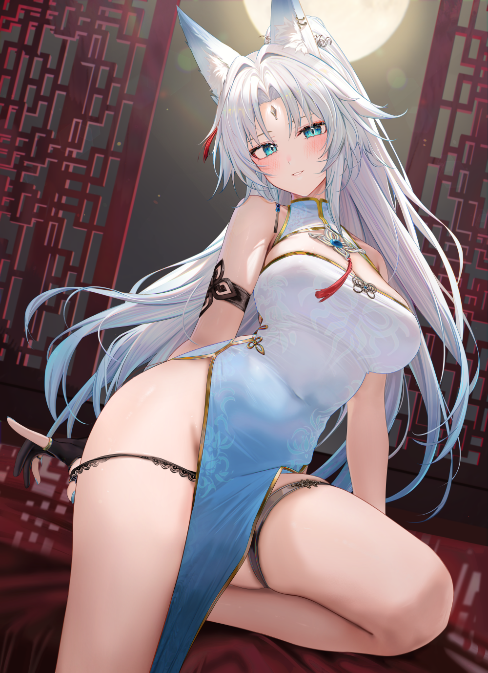 1girl animal_ear_fluff animal_ears architecture armlet bare_legs bare_shoulders black_gloves black_panties blue_dress blue_hair blue_nails blush breasts china_dress chinese_clothes cleavage collar commentary covered_navel dress east_asian_architecture feixiao_(honkai:_star_rail) foot_out_of_frame forehead_jewel fox_ears fox_girl full_moon gloves gradient_clothes gradient_dress gradient_hair green_eyes highres honkai:_star_rail honkai_(series) jewelry large_breasts legs long_hair looking_at_viewer moon multicolored_hair nail_polish outdoors paid_reward_available panties panty_pull parted_bangs parted_lips ponytail ru_zhai sidelocks sitting smile solo thigh_strap underwear very_long_hair white_collar white_dress white_hair