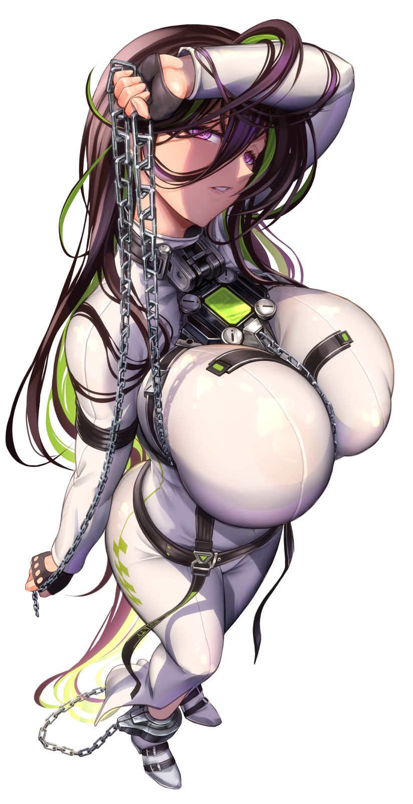 1girl arm_up bodysuit bound_ankles breasts brown_hair chain chain_leash colored_inner_hair goddess_of_victory:_nikke green_hair grin guilty_(nikke) hair_behind_ear hair_between_eyes highres holding huge_breasts kawaraya_a-ta leash long_hair multicolored_hair pink_eyes smile solo very_long_hair white_bodysuit