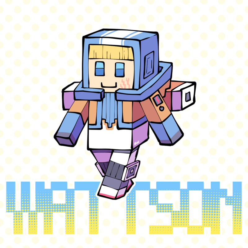 1girl apex_legends backpack bag blonde_hair blue_bodysuit blue_eyes blue_headwear bodysuit bungaw character_name facial_scar hood hooded_jacket jacket minecraft orange_jacket parody scar scar_on_cheek scar_on_face smile solo style_parody walking wattson_(apex_legends) white_bodysuit