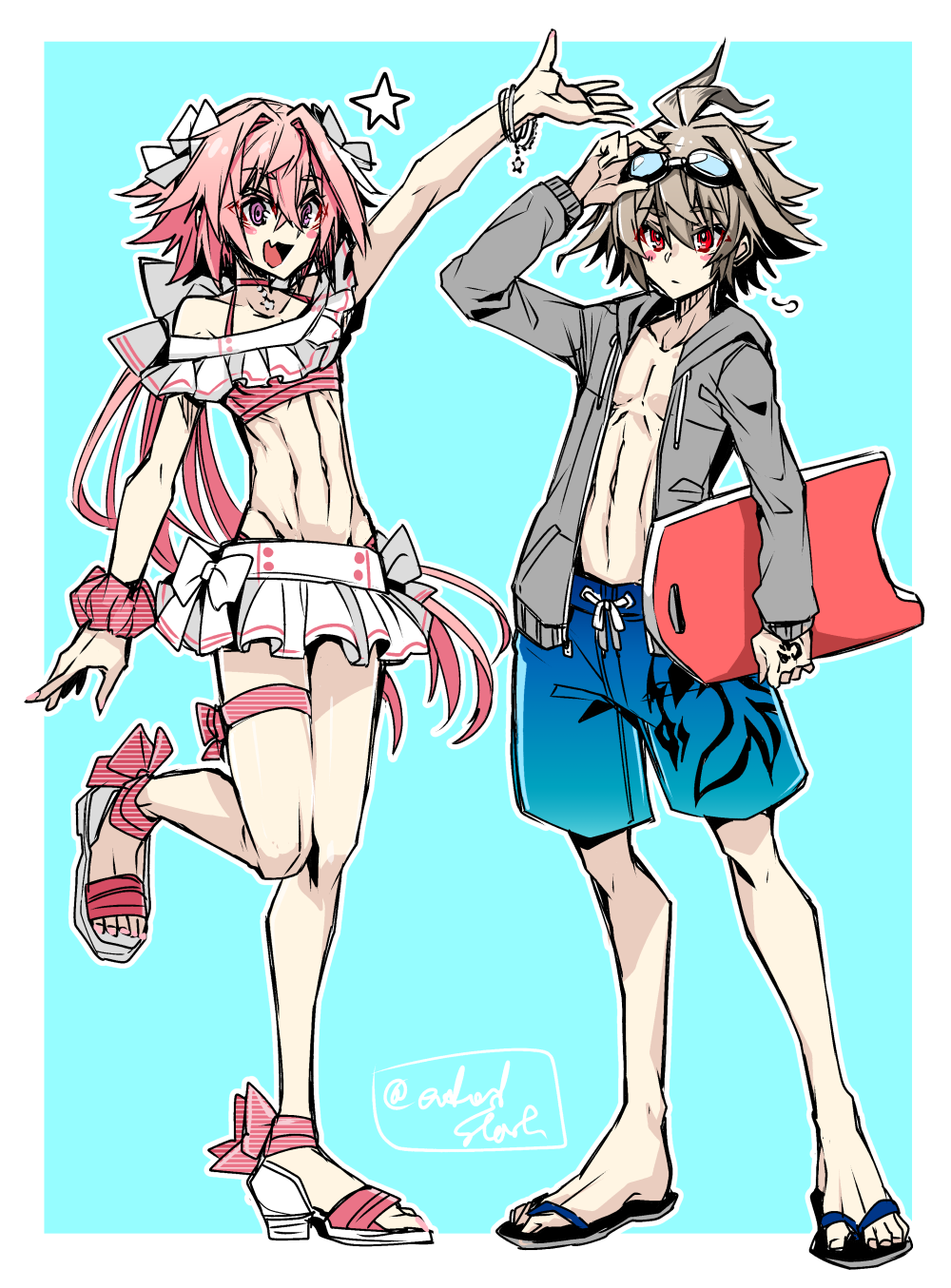 2boys ahoge androgynous ankle_bow ankle_ribbon astolfo_(fate) bikini blue_shorts blush bow bracelet choker closed_mouth fang fate/apocrypha fate_(series) frilled_bikini frilled_skirt frills full_body grey_hair grey_jacket hair_between_eyes hair_bow hair_intakes haoro highres holding_kickboard hood hooded_jacket jacket jewelry linea_alba long_hair male_focus miniskirt multicolored_hair multiple_boys navel open_clothes open_jacket open_mouth red_eyes ribbon sandals shorts sieg_(fate) signature skin_fang skinny skirt smile star_(symbol) streaked_hair swim_goggles swimsuit thigh_strap very_long_hair white_bow white_skirt