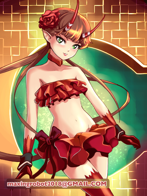 1girl bare_shoulders brown_hair c_(control) choker collarbone colored_extremities email_address flat_chest flower green_eyes horns long_hair looking_at_viewer low_twintails mashu_(control) midriff navel parted_lips pointy_ears red_choker red_flower red_horns red_rose red_shirt red_skirt renardargente rose shirt skirt solo striped_horns twintails very_long_hair