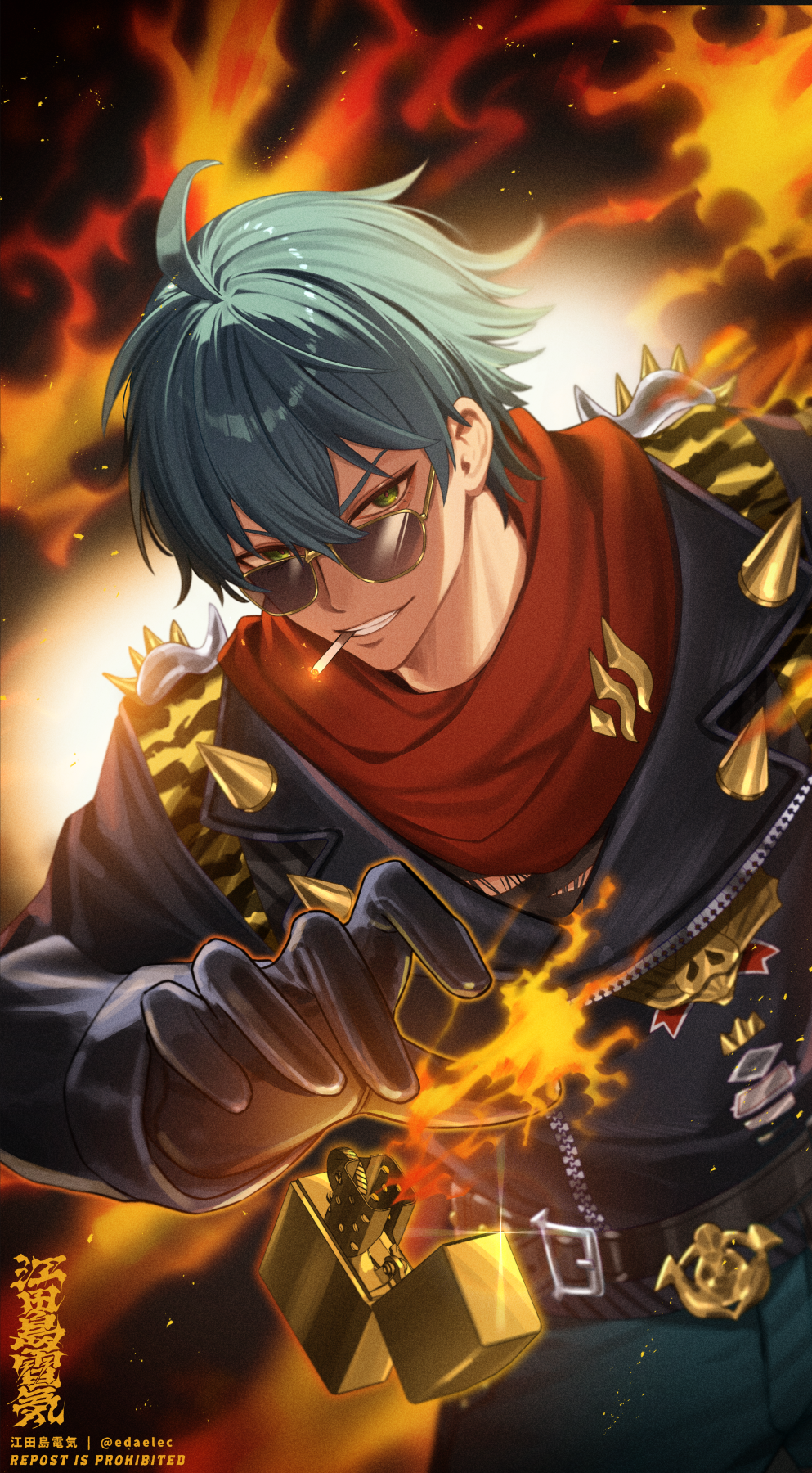 1boy black_gloves black_jacket blue_hair blue_pants cigarette commentary_request edajima_denki fire gloves green_eyes hair_between_eyes highres jacket lighter lighter_(zenless_zone_zero) long_sleeves looking_at_viewer male_focus mouth_hold pants red_scarf scarf smoking solo sparkle teeth_hold twitter_username zenless_zone_zero zipper