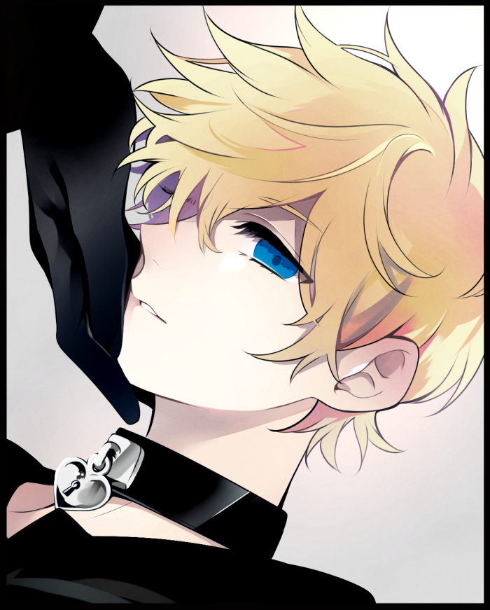 1boy akts_0714 bad_id bad_pixiv_id black_border black_coat_(kingdom_hearts) black_collar black_gloves blonde_hair blue_eyes border collar expressionless gloves gradient_background hand_on_another&#039;s_cheek hand_on_another&#039;s_face heart-shaped_lock kingdom_hearts kingdom_hearts_ii lock male_focus organization_xiii padlock padlocked_collar parted_lips roxas short_hair solo_focus upper_body