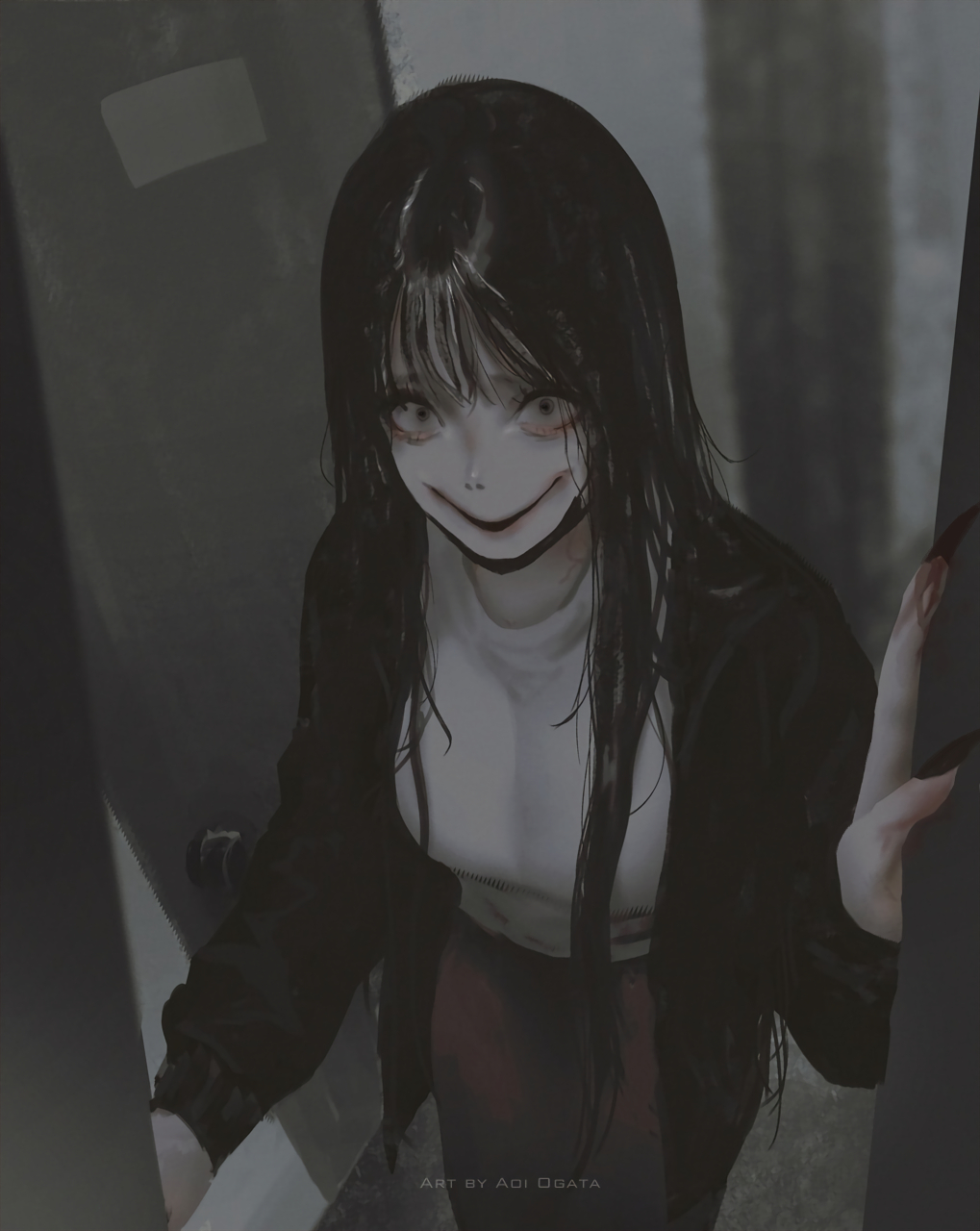 1girl aoi_ogata artist_name black_hair black_jacket black_nails breasts brown_skirt clip_studio_paint_(medium) commentary creepy english_commentary fingernails hand_up highres jacket long_fingernails long_hair long_sleeves looking_at_viewer medium_breasts momo_(creepypasta) open_clothes open_door open_jacket original parted_lips sharp_fingernails shirt skirt smile solo very_long_hair white_shirt wide-eyed