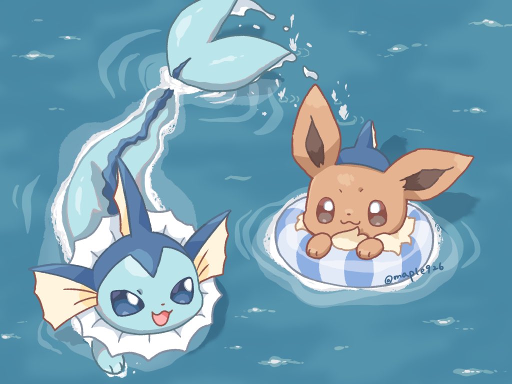 blue_eyes brown_eyes creatures_(company) eevee fins game_freak gen_1_pokemon kana_(maple926) nintendo no_humans open_mouth pokemon pokemon_(creature) smile swim_ring swimming twitter_username vaporeon water