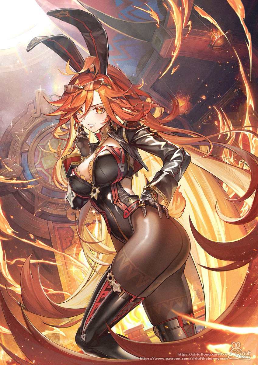 1girl adapted_costume ahoge black_gloves breasts cleavage earrings genshin_impact gloves hand_on_own_hip highres jewelry leotard long_hair looking_at_viewer mavuika_(genshin_impact) multicolored_hair open_mouth orange_eyes orange_hair red_hair siriuflong smile solo two-tone_hair very_long_hair zipper