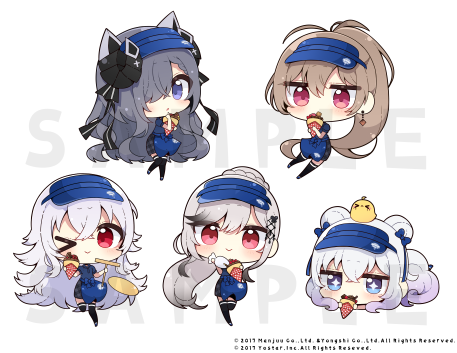 &gt;_o +_+ 5girls :&gt; ;&gt; animal animal_ears animal_on_head apron august_von_parseval_(azur_lane) azur_lane bird black_thighhighs blue_apron blue_eyes blue_footwear blue_hat blue_shirt braid brown_hair cat_ears chibi chick closed_mouth crepe double_bun dunkerque_(azur_lane) food graf_zeppelin_(azur_lane) grey_hair grey_skirt hair_bun hair_over_one_eye hat holding holding_food jean_bart_(azur_lane) le_malin_(azur_lane) long_hair lying manjuu_(azur_lane) multiple_girls muuran official_art on_head on_stomach one_eye_closed plaid_clothes plaid_skirt polo_shirt ponytail puffy_short_sleeves puffy_sleeves purple_eyes red_eyes sample_watermark shirt shoes short_sleeves simple_background skirt standing standing_on_one_leg thighhighs very_long_hair visor_cap waist_apron watermark white_background