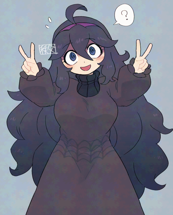 1girl @_@ chichibu_(watson) creatures_(company) dress game_freak hairband hex_maniac_(pokemon) long_dress messy_hair nintendo pokemon pokemon_xy purple_dress purple_eyes purple_hair purple_hairband solo speech_bubble