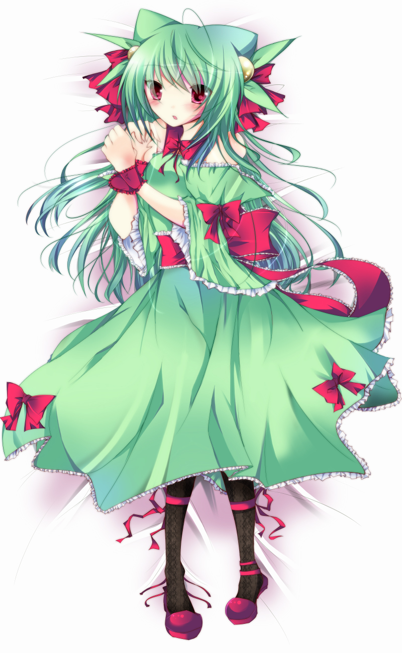 1girl bad_id bad_pixiv_id bow creatures_(company) female_focus frills game_freak gen_3_pokemon green_hair hair_ornament highres homare nintendo pantyhose personification pokemon red_eyes sceptile solo