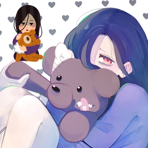 1girl bandaid black_hair chibi chibi_inset hair_over_one_eye hazamada_(qiantian) heart holding holding_stuffed_toy irasutoya irasutoya_challenge knees_up long_hair looking_at_viewer purple_shirt red_eyes shirt sitting solo stuffed_animal stuffed_toy teddy_bear torn