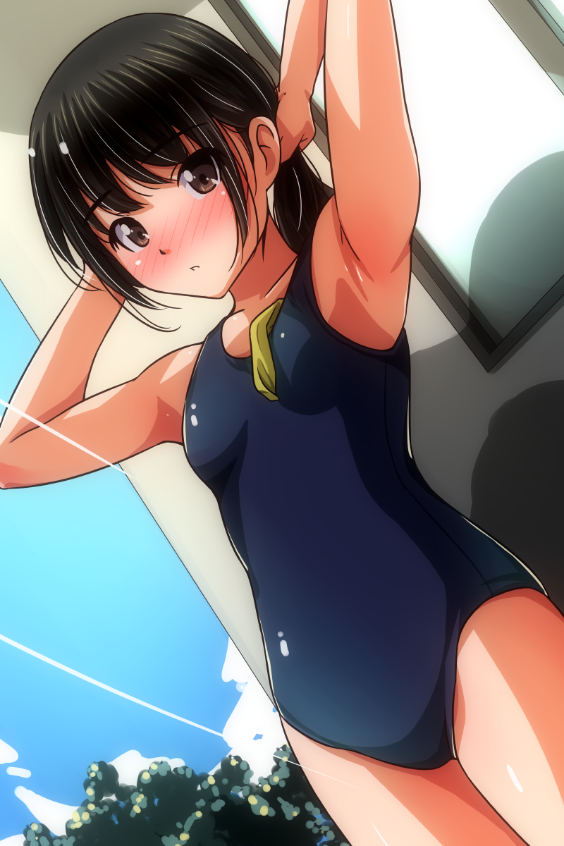 1girl adjusting_hair armpits arms_behind_head black_hair black_one-piece_swimsuit blush breasts brown_eyes collarbone cowboy_shot day dot_nose dutch_angle highres light_rays looking_at_viewer matsunaga_kouyou new_school_swimsuit nose_blush one-piece_swimsuit open_mouth original outdoors school_swimsuit short_hair sidelocks small_breasts solo standing swimsuit unworn_swim_cap