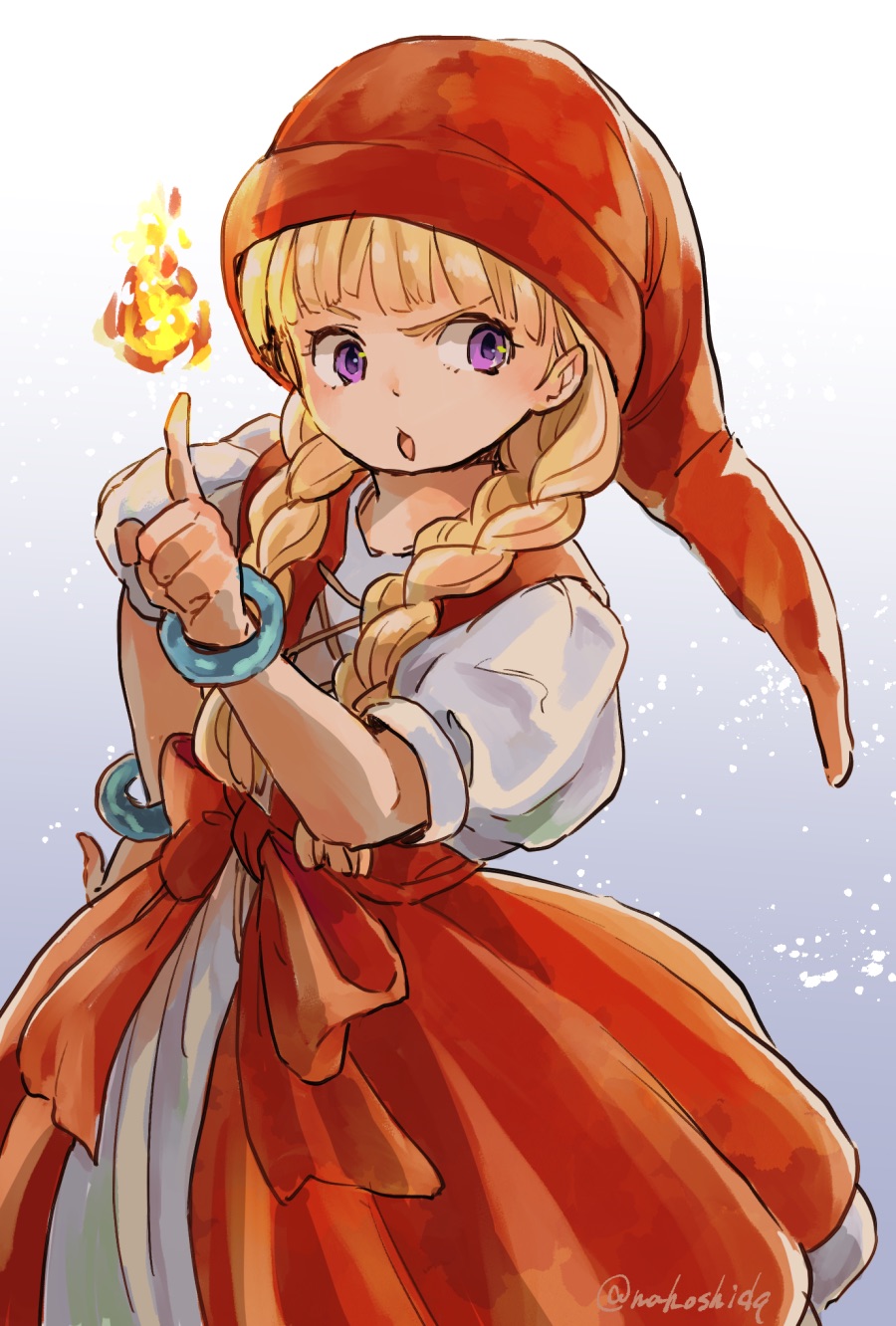 1girl blonde_hair blunt_bangs bow bracelet braid commentary_request dragon_quest dragon_quest_xi dress fire fireball gradient_background grey_background hand_on_own_hip hat highres index_finger_raised jewelry looking_to_the_side low_twin_braids magic nahoshi open_mouth puffy_short_sleeves puffy_sleeves purple_eyes red_bow red_dress red_hat shirt shirt_under_dress short_sleeves solo twin_braids veronica_(dq11) waist_bow white_background white_shirt