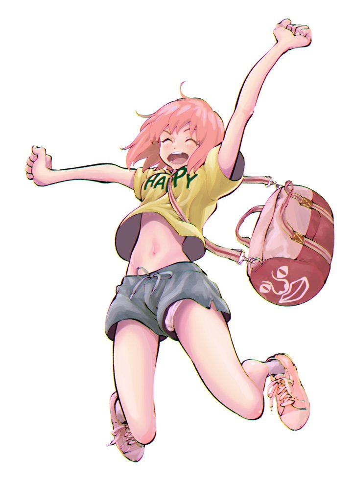 bag mori_taishi official_art original panties pantyshot short_hair shorts shoulder_bag solo underwear upshorts