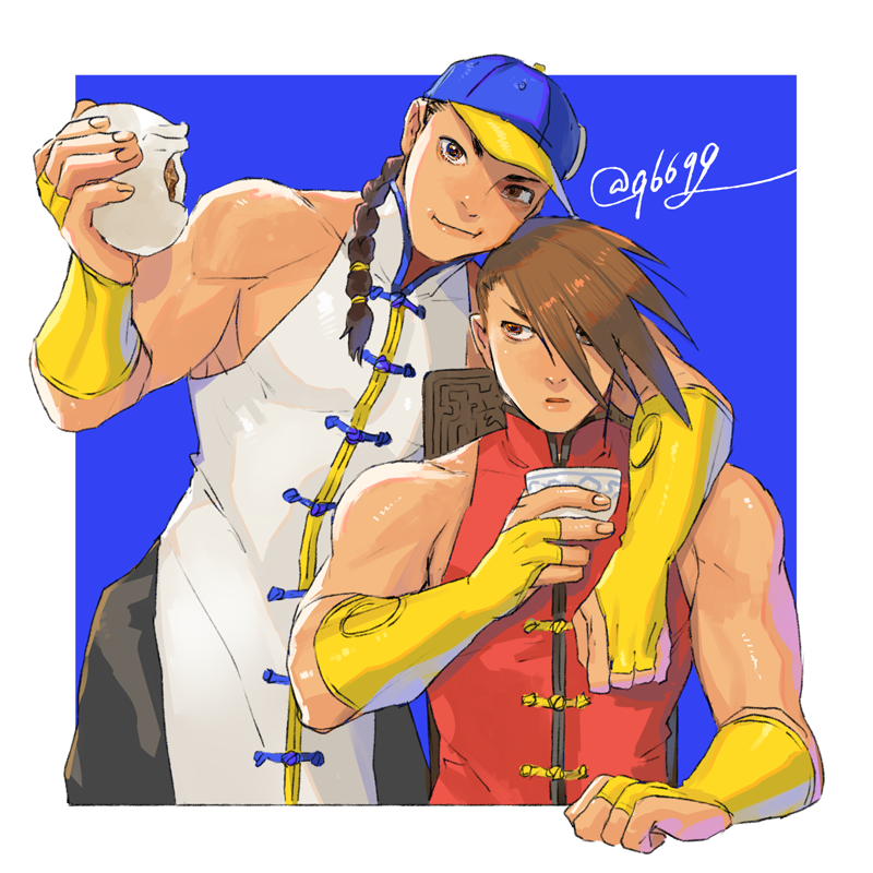 2boys arm_around_shoulder arm_up baozi bare_shoulders baseball_cap black_pants border braid bridal_gauntlets brothers brown_eyes brown_hair chinese_clothes closed_mouth commentary_request food hat holding holding_food kurononekojyo long_bangs looking_at_another looking_at_viewer male_focus mandarin_collar multicolored_clothes multicolored_hat multiple_boys pants parted_lips red_shirt shirt siblings single_braid sleeveless sleeveless_shirt smile street_fighter street_fighter_iii_(series) twins twitter_username white_border white_shirt yang_lee yellow_bridal_gauntlets yun_lee