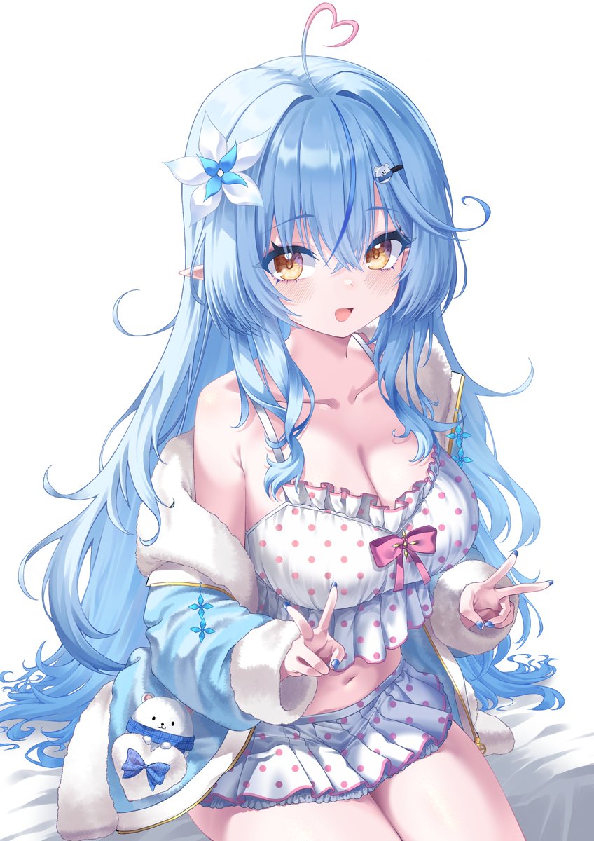 1girl ahoge armpit_crease bed_sheet blue_hair blue_jacket blue_nails blush breasts camisole chest_bow cleavage collarbone crop_top crossed_bangs daifuku_(yukihana_lamy) double_v elf flower frilled_camisole frilled_skirt frills fur-trimmed_jacket fur_trim gyoza_(pixiv17855879) hair_between_eyes hair_flower hair_ornament hair_over_shoulder hairclip hashtag-only_commentary heart heart_ahoge highres hololive jacket jacket_partially_removed large_breasts long_hair long_sleeves looking_at_viewer messy_hair midriff miniskirt navel official_alternate_costume open_clothes open_jacket open_mouth pajamas pleated_skirt pointy_ears polka_dot polka_dot_camisole polka_dot_skirt sitting skirt sleepwear smile solo v virtual_youtuber white_background white_camisole white_skirt yellow_eyes yukihana_lamy yukihana_lamy_(loungewear)