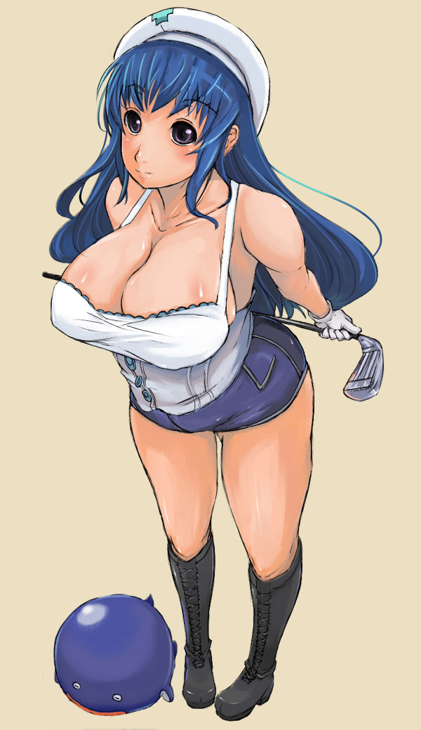 1girl arin blue_hair boots breasts cleavage dolfini female_focus huge_breasts nomiya37564 pangya shorts solo