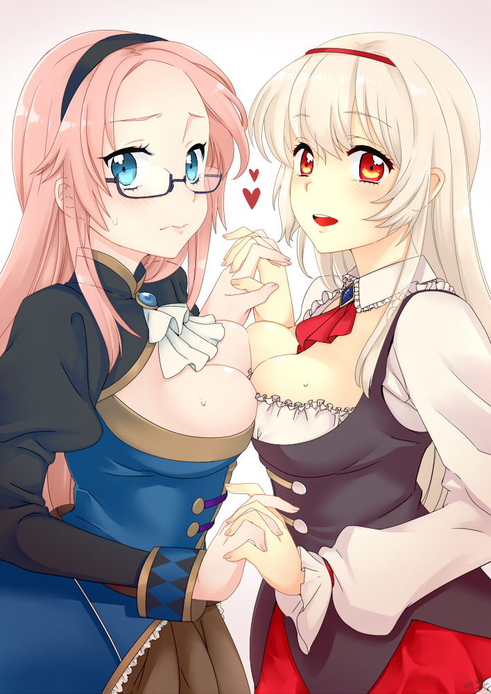 2girls anna_(sennen_sensou_aigis) bad_id bad_pixiv_id blonde_hair blue_eyes blush breast_press breasts cleavage glasses hairband heart interlocked_fingers katie_(sennen_sensou_aigis) large_breasts long_hair looking_at_viewer miniru multiple_girls open_mouth red_eyes sennen_sensou_aigis skirt smile sweatdrop symmetrical_docking