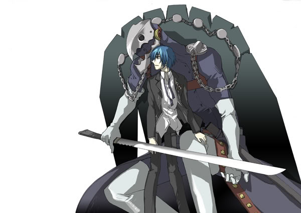 1boy atlus blue_hair chain male_focus persona persona_3 school_uniform sword thanatos_(persona) weapon yuuki_makoto_(persona_3)