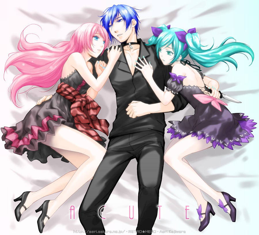 1boy 2girls acute_(vocaloid) alternate_costume aqua_eyes aqua_hair aqua_nails arm_behind_back back bare_legs bed black_footwear blue_eyes blue_hair choker clenched_hand copyright_name cuddling dress girl_sandwich green_eyes green_hair group_hug hair_ribbon hatsune_miku hatsune_miku_(innocent) high_heels hug kaito_(guilty)_(vocaloid) kaito_(vocaloid) kajiwara_aeri knife legs long_hair looking_at_another lying md5_mismatch megurine_luka megurine_luka_(amour) multiple_girls nail_polish on_back on_side open_clothes open_shirt pants parted_lips pimp pink_hair project_diva project_diva_(series) project_diva_f ribbon sandwiched shirt shoes short_hair twintails vocaloid