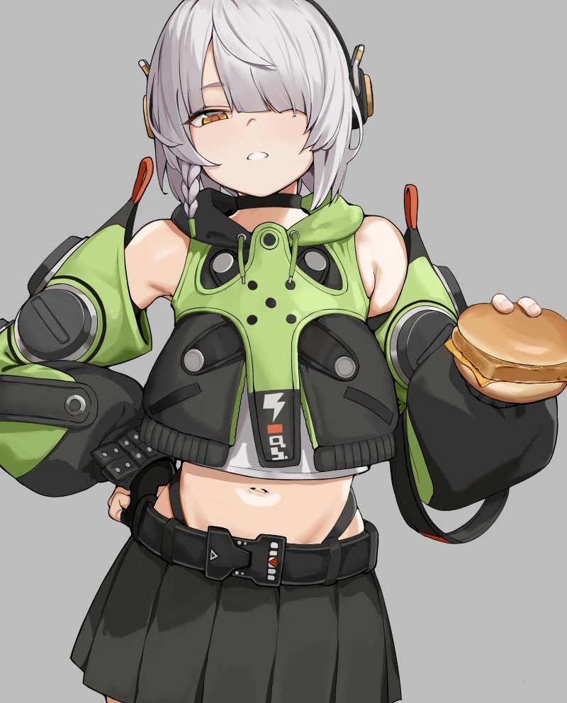 1girl anby_demara belt black_belt black_gloves black_skirt blunt_bangs braid brown_eyes burger fingerless_gloves food gloves grey_background hair_over_one_eye headphones holding holding_burger holding_food hoshiya_takahito looking_at_viewer midriff navel parted_lips short_hair side_braid sidelocks simple_background skirt solo zenless_zone_zero