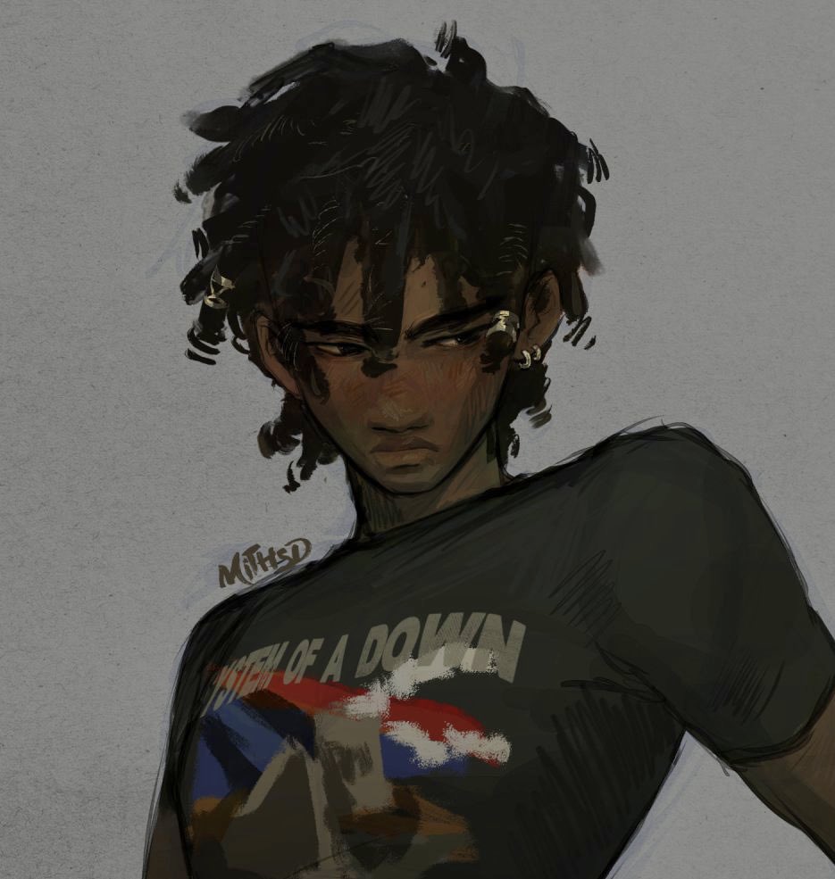 1boy artist_name band_shirt black_hair closed_mouth dark-skinned_male dark_skin dreadlocks grey_background grey_shirt male_focus merchandise mithsd original shirt solo system_of_a_down