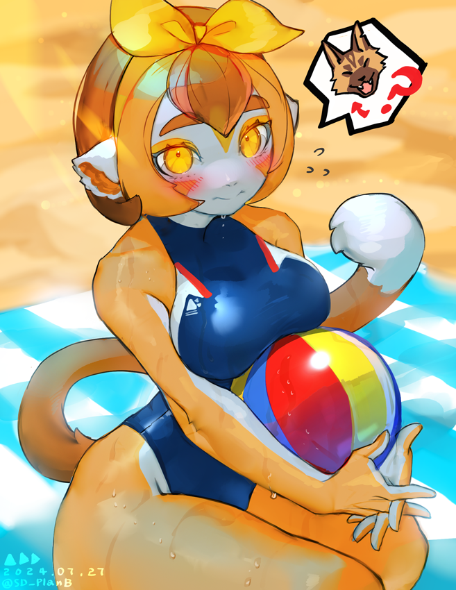 1girl ball beach beach_towel beachball blue_one-piece_swimsuit blush body_fur brown_hair commentary full_body furry furry_female hetero holding holding_ball holding_beachball looking_at_viewer monkey_girl one-piece_swimsuit orange_fur orange_hair original outdoors sd_planb short_hair sitting solo swimsuit tail towel wet yellow_eyes