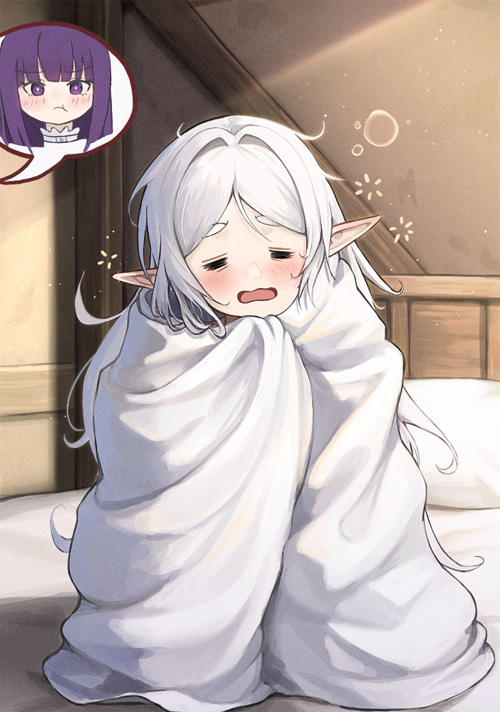 2girls bed blanket closed_eyes covering_with_blanket elf fern_(sousou_no_frieren) frieren grey_hair indoors mookyuu9 multiple_girls on_bed open_mouth pillow pointy_ears pout purple_eyes purple_hair squeans sleepy solo_focus sousou_no_frieren speech_bubble spoken_character