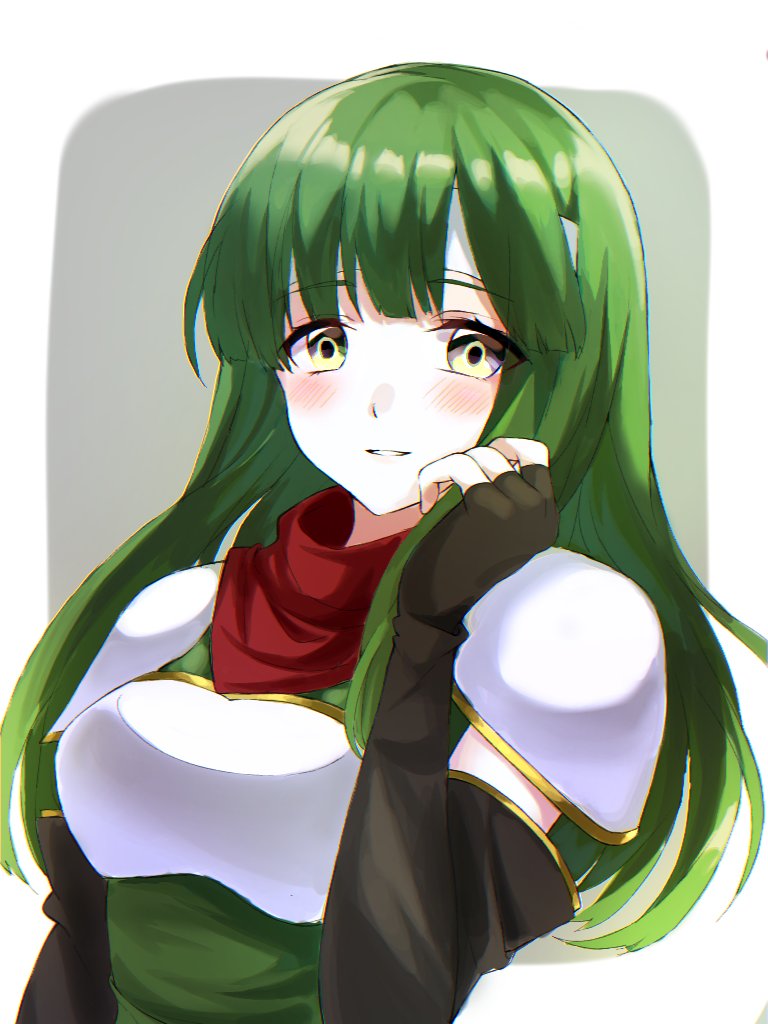 1girl aone_hiiro armor black_gloves blush breastplate elbow_gloves female_focus fingerless_gloves fire_emblem fire_emblem:_mystery_of_the_emblem gloves green_hair headband long_hair nintendo palla_(fire_emblem) parted_lips simple_background solo upper_body white_headband yellow_eyes