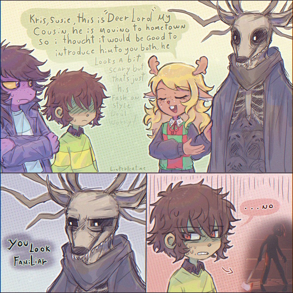 1other 2girls animal_ears antlers blonde_hair colored_skin crossover deer_ears deer_girl deltarune english_text furry furry_female horns kris_(deltarune) linterteatime multiple_girls noelle_holiday red_eyes reindeer_antlers reindeer_girl ribs short_hair simple_background specimen_8 spooky&#039;s_house_of_jump_scares susie_(deltarune)