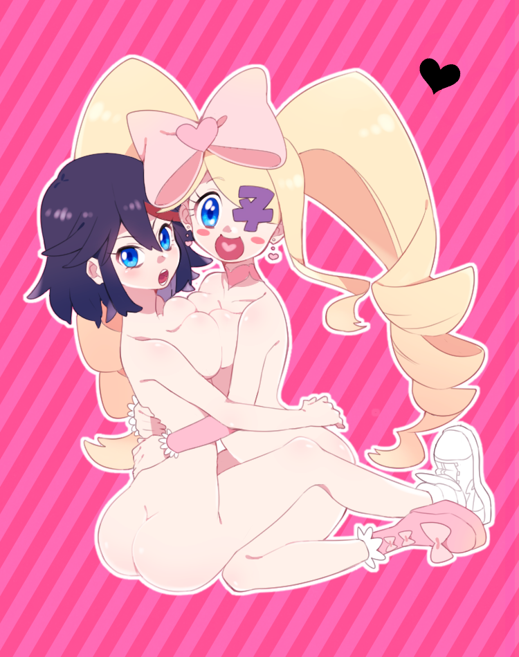 10s 2girls black_hair blonde_hair blue_eyes bow breast_press drill_hair earrings eyepatch harime_nui heart hug jewelry kill_la_kill long_hair matoi_ryuuko multiple_girls nude pink_bow ribbon riomario smile twintails yuri