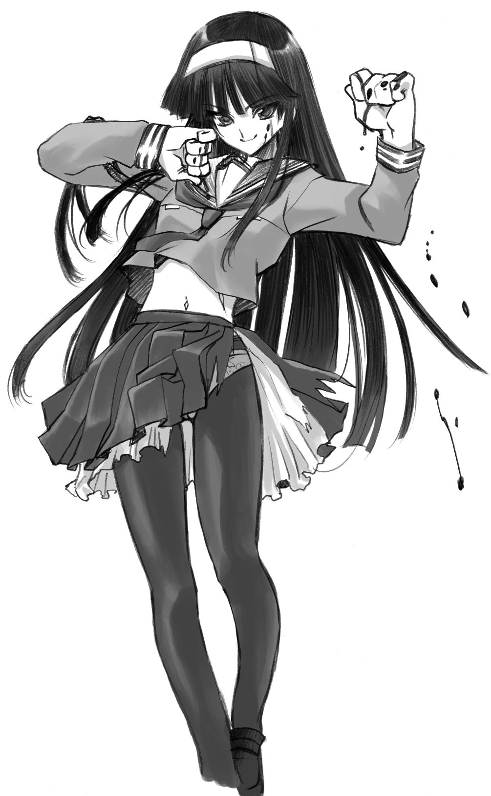 1girl black_hair blood blood_on_face cynthia_the_mission female_focus fighting_stance flat_chest greyscale hairband highres kuga_araya legs long_hair looking_at_viewer midriff monochrome monochrome navel panties panties_under_pantyhose pantyhose pleated_skirt school_uniform senomoto_hisashi serafuku skirt smile solo standing torn_clothes torn_skirt underwear