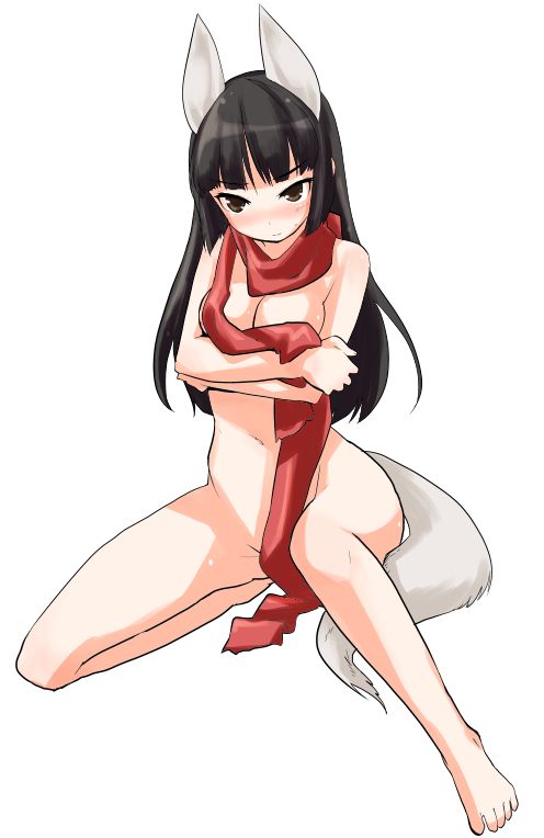 1girl anabuki_tomoko animal_ears barefoot black_eyes black_hair blush breasts censored convenient_censoring covering_breasts covering_privates crossed_arms embarrassed female_focus long_hair medium_breasts mozu_(peth) naked_scarf nude nude_cover red_scarf scarf scarf_only solo squatting strike_witches strike_witches:_suomus_misfits_squadron tail world_witches_series