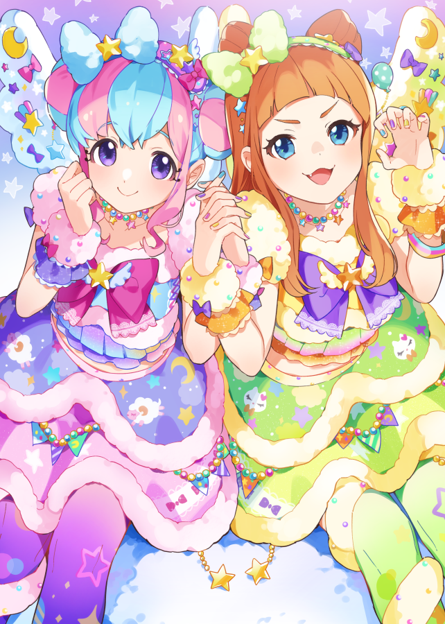 2girls aikatsu!_(series) aikatsu_stars! blue_bow blue_eyes blue_hair blunt_bangs booota bow bow-shaped_hair bow_hairband claw_pose clenched_hand double_bun dress fang from_above gradient_background green_bow green_dress green_pantyhose hair_bow hair_bun hairband hanazono_kirara hands_up holding_hands idol jewelry layered_dress long_hair looking_at_viewer multicolored_hair multicolored_nails multiple_girls necklace open_mouth orange_hair pantyhose pearl_necklace pink_bow pink_hair puffy_short_sleeves puffy_sleeves purple_background purple_bow purple_dress purple_eyes purple_pantyhose saotome_ako short_hair short_sleeves sidelocks sitting smile star_(symbol) star_print star_symbol_background starry_sky_print v-shaped_eyebrows wings wrist_cuffs