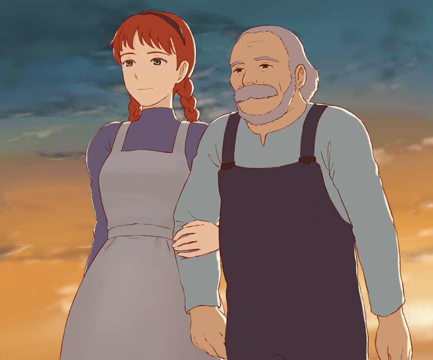 1boy 1girl anne_of_green_gables anne_shirley braid breasts closed_mouth cloud graphite_(medium) jas_(littlecrime) long_hair old old_man overalls smile traditional_media twin_braids world_masterpiece_theater