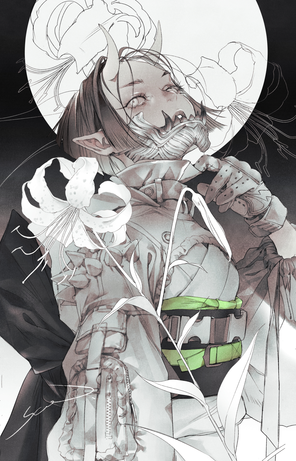 1girl belt black_hair demon_horns expressionless flower full_moon gloves grey_jacket hair_behind_ear highres horns jacket leaf lily_(flower) long_sleeves looking_at_viewer mask moon mouth_mask original painting_(medium) parted_lips pointy_ears short_hair sidelocks signature solo tiger_lily traditional_media upper_body watercolor_(medium) white_eyes yue_(memento1113)