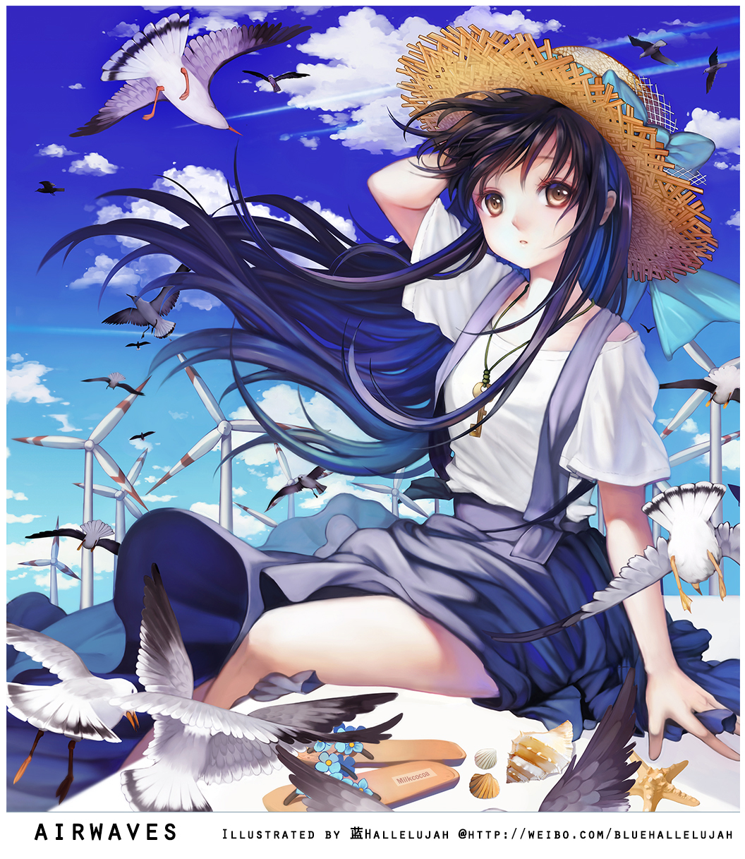 1girl :o animal arm_up bad_id bad_pixiv_id bare_legs bird black_hair blue_bow blue_hallelujah blue_sky bow brown_hair brown_hat cloud collarbone day expressionless female_focus flip-flops floating_hair hand_on_headwear hat hat_bow highres jewelry key looking_at_viewer necklace no_legwear original outdoors parted_lips pendant purple_skirt sandals seagull seashell shell shirt shoes short_sleeves sitting skirt sky solo starfish straw_hat suspenders unworn_shoes white_shirt wind windmill