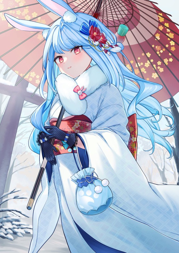 1girl alternate_costume animal_ear_fluff animal_ears back_bow bare_tree black_gloves blue_hair blunt_bangs bow carrot_hair_ornament commentary_request food-themed_hair_ornament from_below fur_scarf furisode gloves hair_ornament half_up_half_down_braid holding holding_umbrella hololive japanese_clothes kanzashi kimono kinchaku lace lace-trimmed_gloves lace_trim light_blush long_hair looking_at_viewer new_year obi obiage obijime oil-paper_umbrella parted_lips pouch rabbit_ears rabbit_girl red_eyes sash shinomiya_ino snow solo torii tree tsumami_kanzashi umbrella usada_pekora virtual_youtuber white_kimono winter