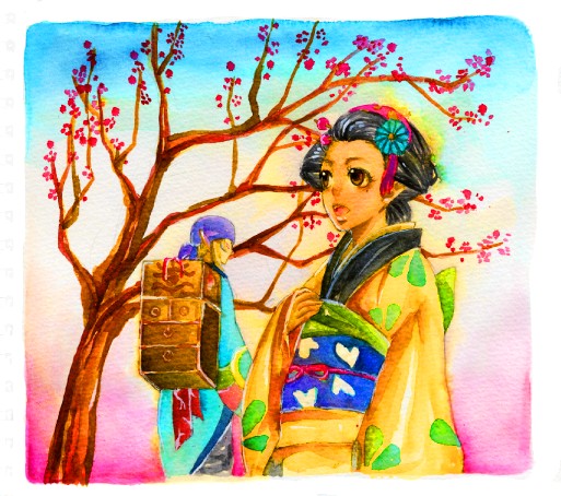 00s 1boy 1girl bandana black_hair blonde_hair bow brown_eyes brown_hair cherry_blossoms durag flower gradient_background hair_flower hair_ornament japanese_clothes kayo kimono kusuriuri_(mononoke) mononoke obi open_mouth painting_(medium) pointy_ears sash traditional_media tree walking_away watercolor_(medium)