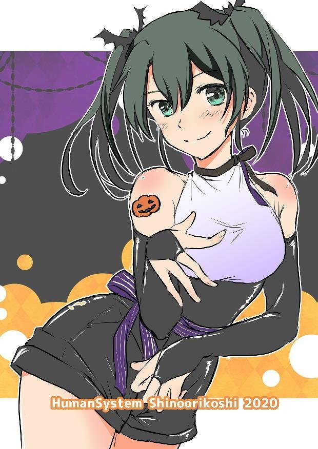 2020 alternate_costume black_bridal_gauntlets black_shorts bridal_gauntlets cowboy_shot green_eyes green_hair halloween_costume jack-o&#039;-lantern kantai_collection long_hair orikoshi_shino shirt shorts sleeveless sleeveless_shirt tattoo twintails two-tone_shirt zuikaku_(kancolle)