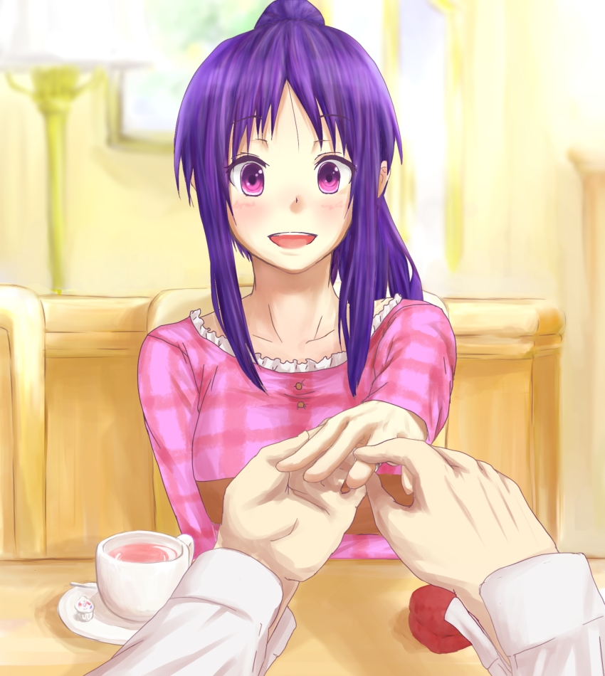 1girl blush jewelry long_hair looking_at_viewer marriage_proposal mugai_(tamac) ookura_miyako pov pov_across_table purple_eyes purple_hair putting_on_jewelry ring sitting smile tokimeki_memorial tokimeki_memorial_4 wedding_band