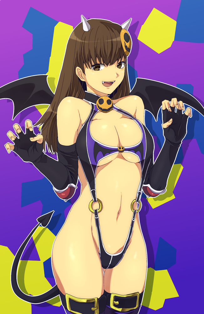 1girl breasts brown_eyes brown_hair claw_pose cleavage dead_or_alive elbow_gloves fake_horns fake_tail fake_wings fangs fingerless_gloves gloves groin hair_ornament halloween horns jack-o&#039;-lantern jack-o&#039;-lantern_hair_ornament lei_fang long_hair looking_at_viewer murata_tefu navel open_mouth paw_pose smile solo tail thighhighs wings