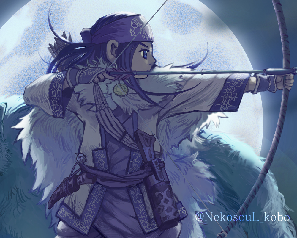 1girl ainu ainu_clothes asirpa cloak commentary_request earrings golden_kamuy headband hoop_earrings jewelry long_hair long_sleeves looking_ahead mixed-language_commentary moon nekosoul night night_sky profile purple_headband sky solo twitter_username white_cloak