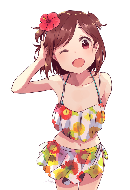 1girl aoba_misaki arm_behind_back bare_shoulders bikini bikini_skirt blush breasts brown_eyes brown_hair collarbone cowboy_shot dot_nose floral_print_bikini flower hair_flower hair_ornament halterneck hand_on_own_head hibiscus idolmaster idolmaster_million_live! idolmaster_million_live!_theater_days koma_tori looking_at_viewer navel one_eye_closed open_mouth red_flower short_hair side-tie_bikini_bottom signature simple_background small_breasts smile solo standing swimsuit two_side_up white_background white_bikini