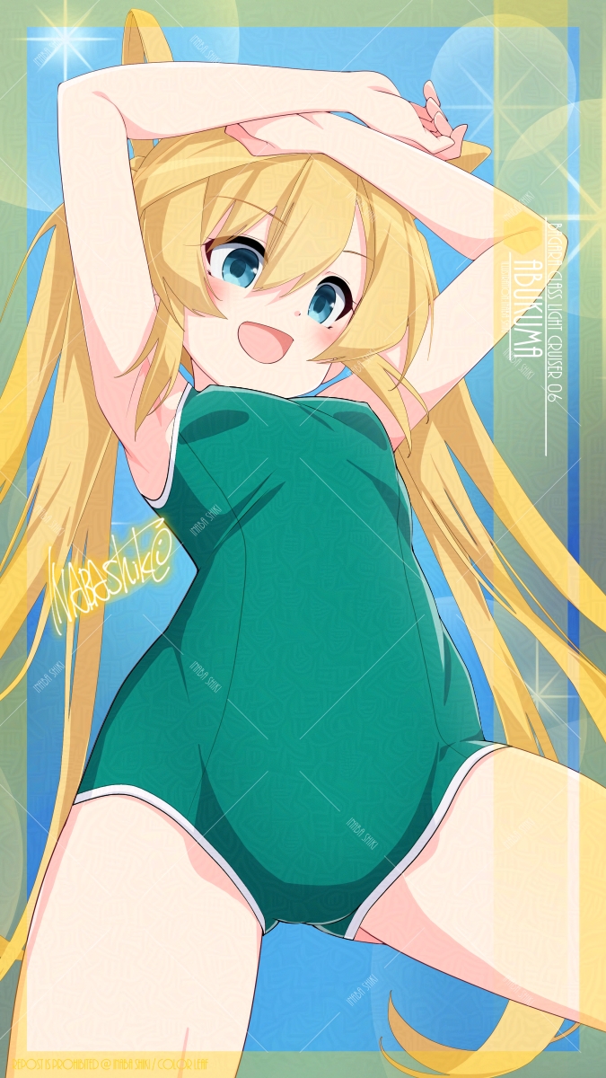 1girl abukuma_(kancolle) adversarial_noise armpits arms_on_head arms_up artist_name blonde_hair blue_background blue_eyes breasts character_name commentary_request commission cowboy_shot double_bun from_below green_one-piece_swimsuit hair_bun hair_rings highres inaba_shiki kantai_collection long_hair mixed-language_commentary new_school_swimsuit one-piece_swimsuit open_mouth school_swimsuit skeb_commission small_breasts smile solo swimsuit twintails watermark watermark_grid