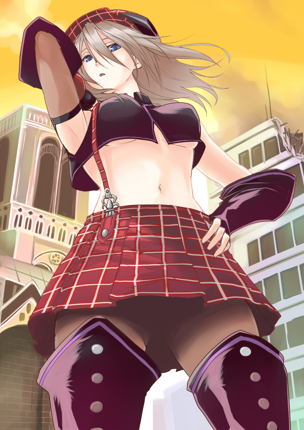 10s 1girl alisa_ilinichina_amiella blue_eyes boots cabbie_hat female_focus from_below god_eater god_eater_burst hat long_hair nueco open_mouth pantyhose plaid skirt solo suspender_skirt suspenders thigh_boots thighhighs upskirt