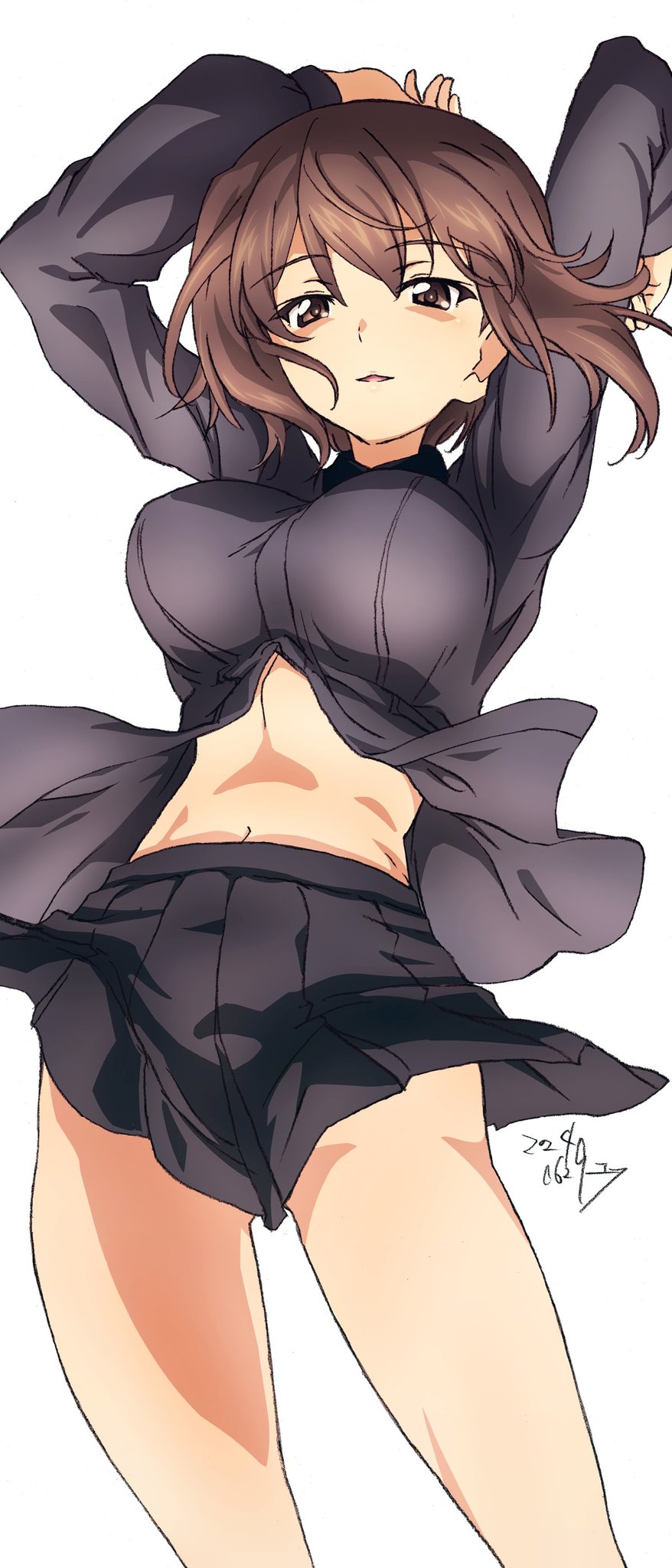 1girl arms_up breasts brown_eyes brown_hair commentary_request erakin girls_und_panzer highres kuromorimine_school_uniform large_breasts light_smile looking_at_viewer navel nishizumi_maho parted_lips pleated_skirt school_uniform short_hair simple_background skirt solo white_background