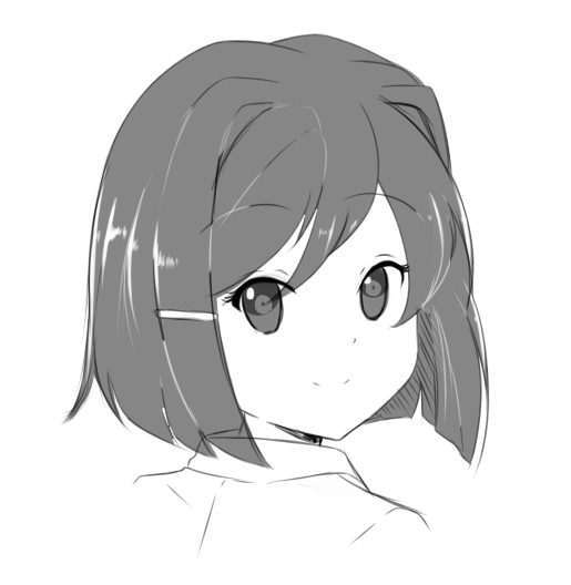 1girl chocomiru doki_doki_literature_club dot_nose from_behind greyscale looking_at_viewer medium_hair monochrome simple_background sketch straight_hair sweater turtleneck turtleneck_sweater unfinished upper_body white_background yuri_(doki_doki_literature_club)